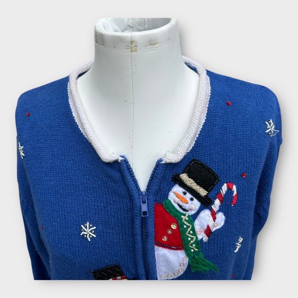 VTG Heirloom Collectibles Snowman Christmas Cardigan Sweater Blue Women's Large - Picture 6 of 12